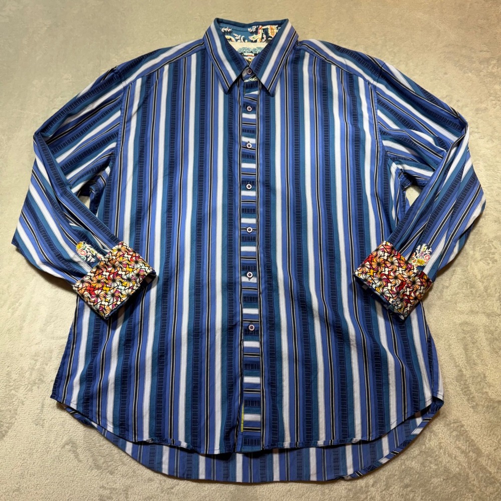 Robert Graham Mens 2X Blue Stripe Long Sleeve Button Down Shirt Floral flip cuff
